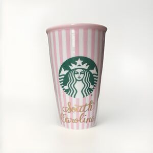 Starbucks Pink White Stripe Ceramic South Carolina Travel Mug  12 oz 2016 RARE